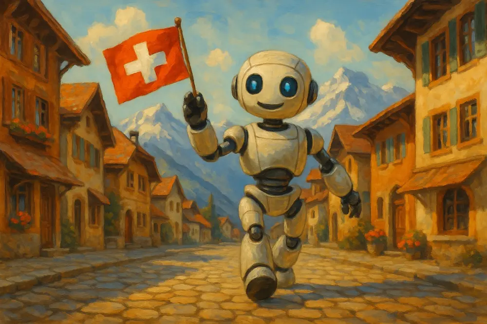 Robot waving a Swiss flag in a village with mountains behind