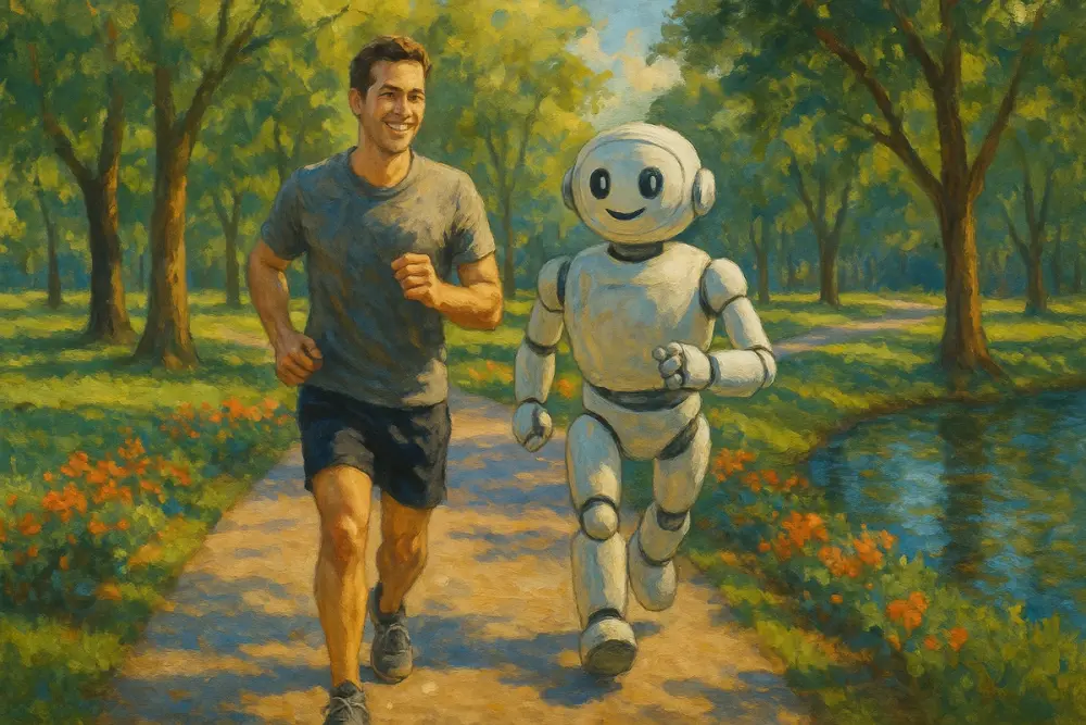 A man jogs with a smiling robot on a sunny park path lined with flowers and trees