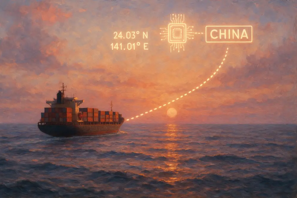 A cargo ship at sea during sunset, with glowing digital coordinates and a dotted route line pointing toward China.