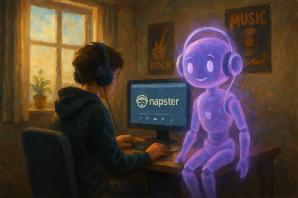 A young person and a glowing purple AI bot listen to music on a Napster screen