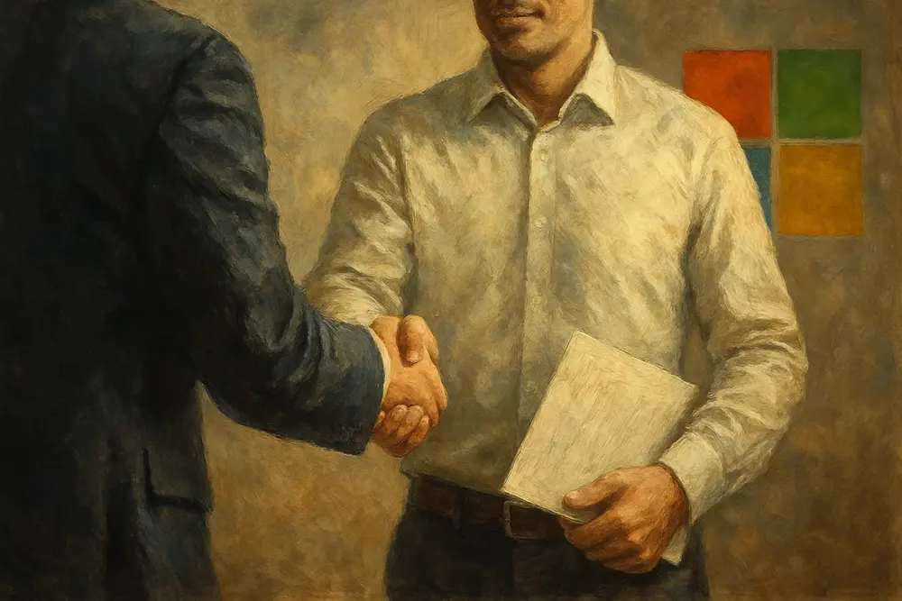 Professional handshake between two men, one in a dark suit and the other in a light shirt holding a document, with a blurred Microsoft logo in the background