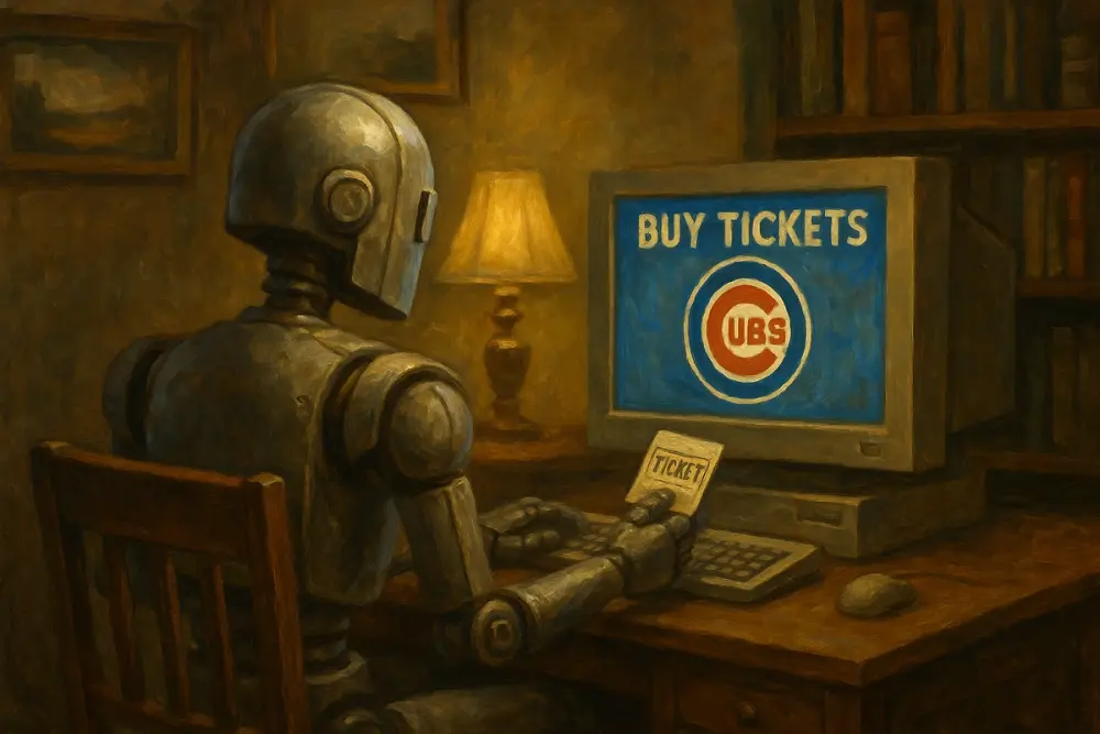 A humanoid robot sits at a wooden desk in a cozy study room, purchasing a Chicago Cubs ticket online