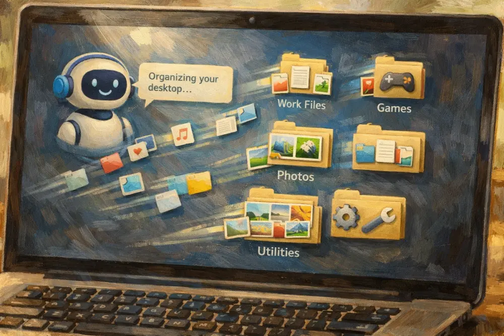 Laptop screen showing a bot organizing desktop icons into neat folders.