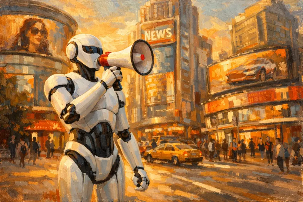 Sleek white humanoid robot announcing news with a megaphone in a lively city plaza