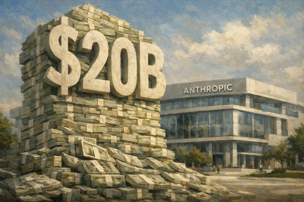 Towering stack of money carved with “$20B,” set before Anthropic headquarters