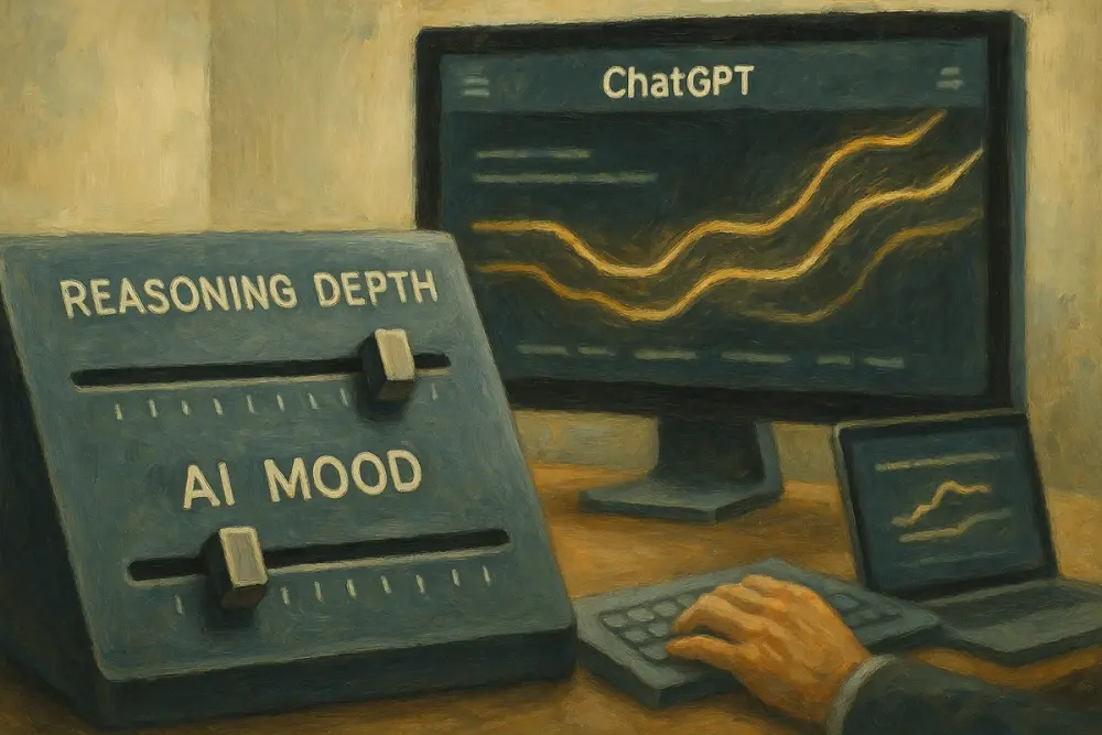 A control panel with sliders labeled "Reasoning Depth" and "AI Mood" sits beside a glowing ChatGPT screen