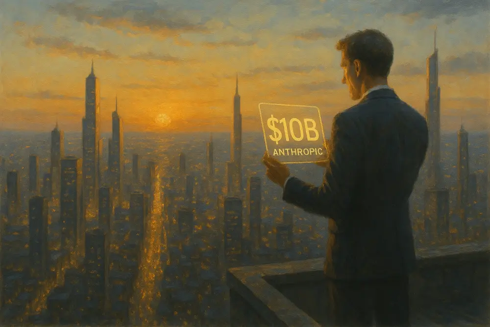 A man in a suit stands on a rooftop at sunset, holding a glowing tablet displaying “$10B” with “Anthropic” beneath it, overlooking a futuristic city skyline