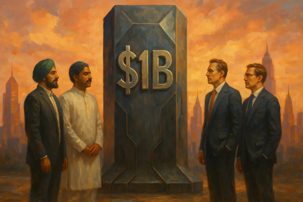 Two Indian and two American, stand on opposite sides of a futuristic $1B monolith against a glowing city skyline