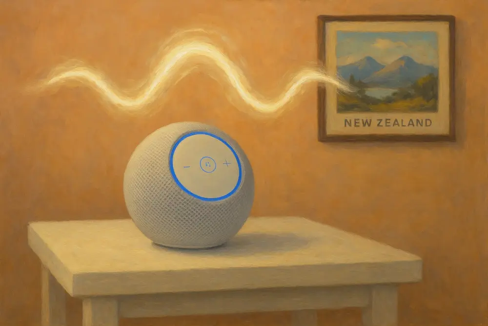 A spherical speaker on a white table emitting a glowing sound wave