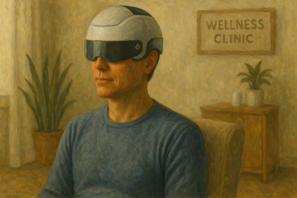 A person sitting calmly in a wellness clinic, wearing a sleek, modern helmet