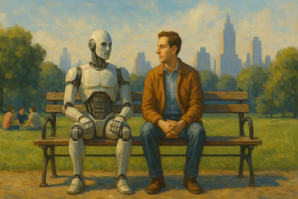A human and a robot sitting on a bench in Central Park, with three people relaxing on the grass
