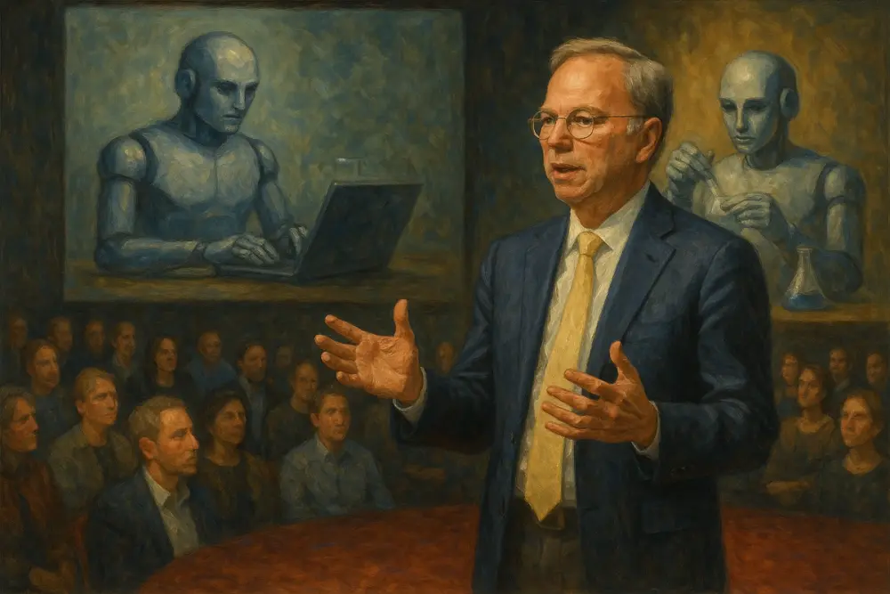 Eric Schmidt stands on stage delivering a talk about AI