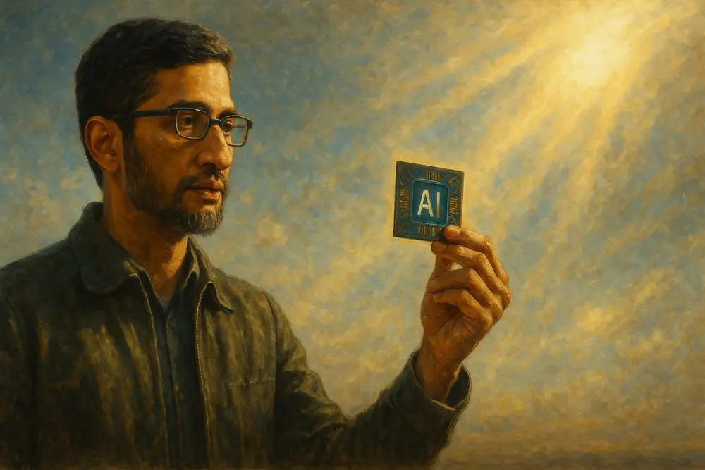 Sundar Pichai holding a glowing AI chip
