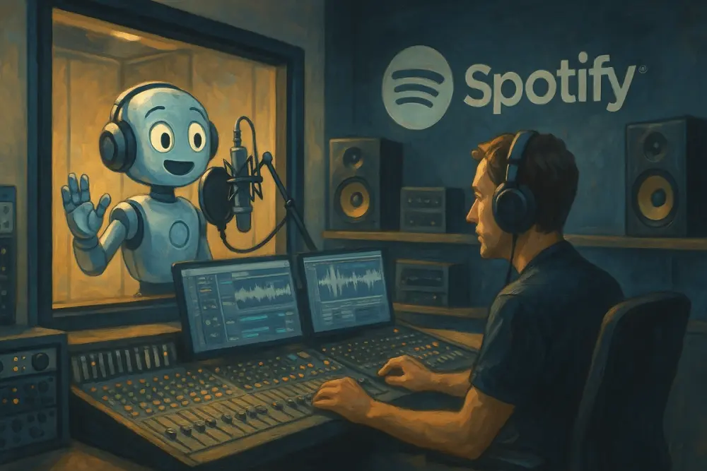 Robot singing in studio while producer listens at mixing console