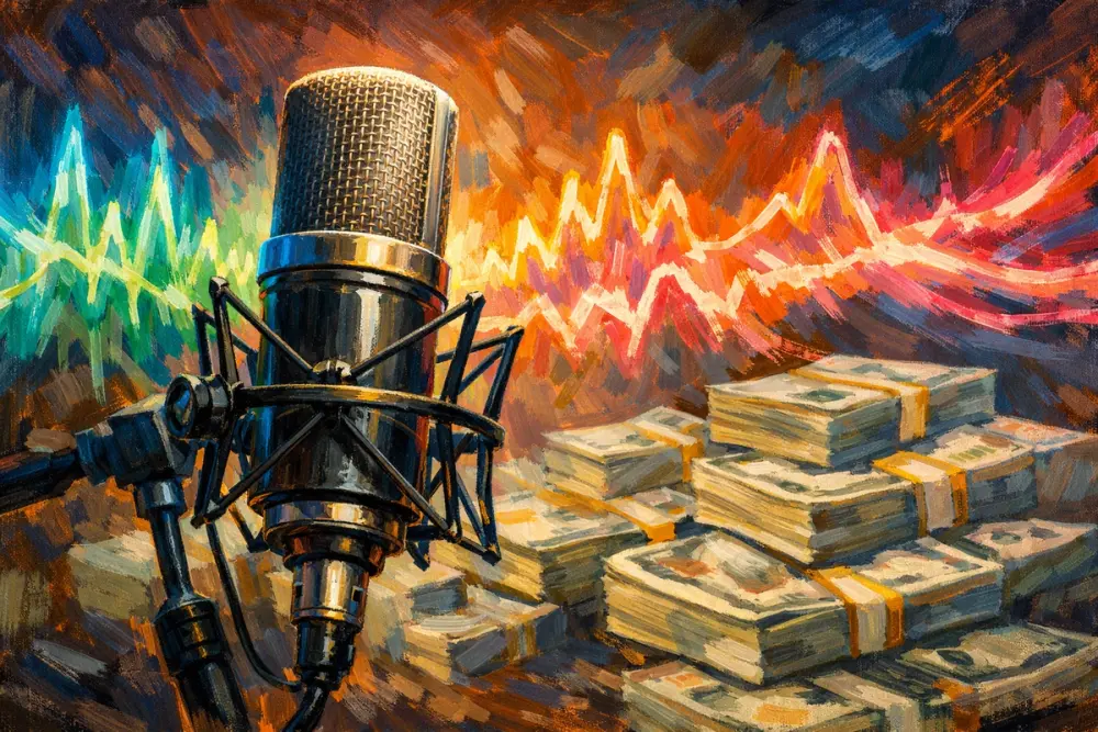 Studio mic with colorful soundwaves; money blurred behind