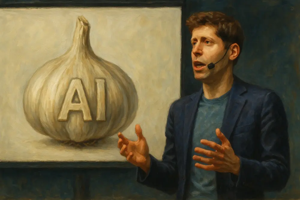 Sam Altman speaking beside a screen showing a garlic bulb labeled “AI.”