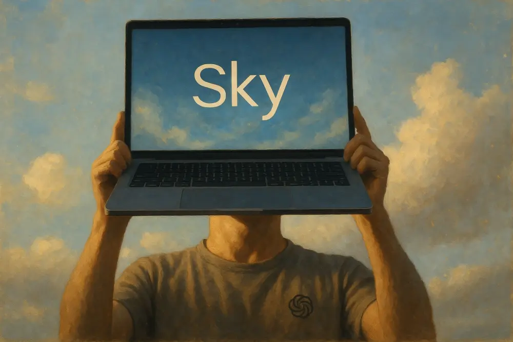 Person holding a laptop showing “Sky” against a bright, clouded sky