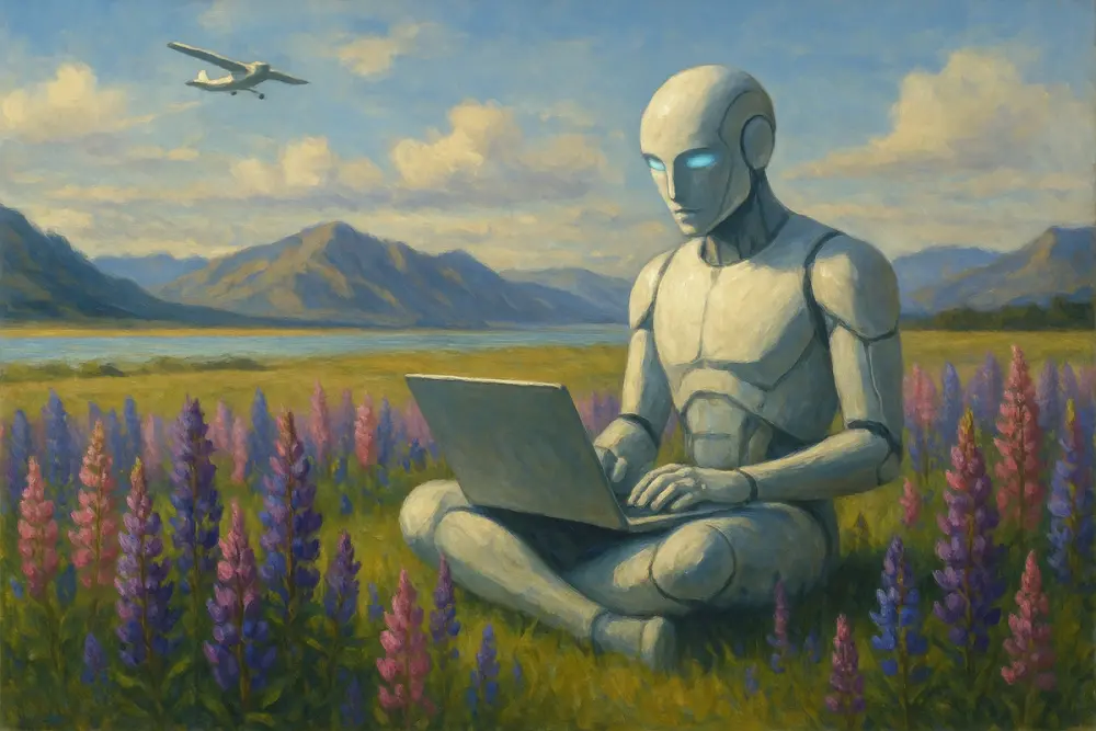 AI works on a laptop in a lupin field with mountains and a plane overhead