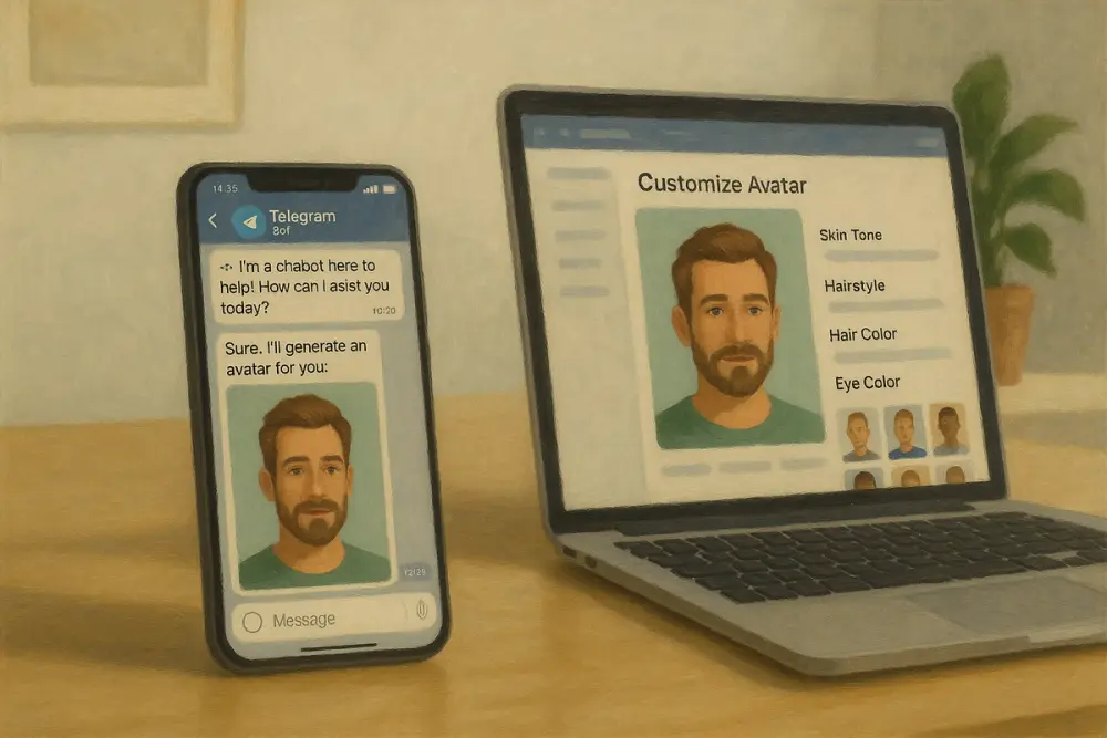 A phone with Telegram chatbot and a laptop showing avatar customization