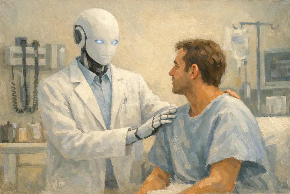 AI robot doctor in a white lab coat assisting a patient
