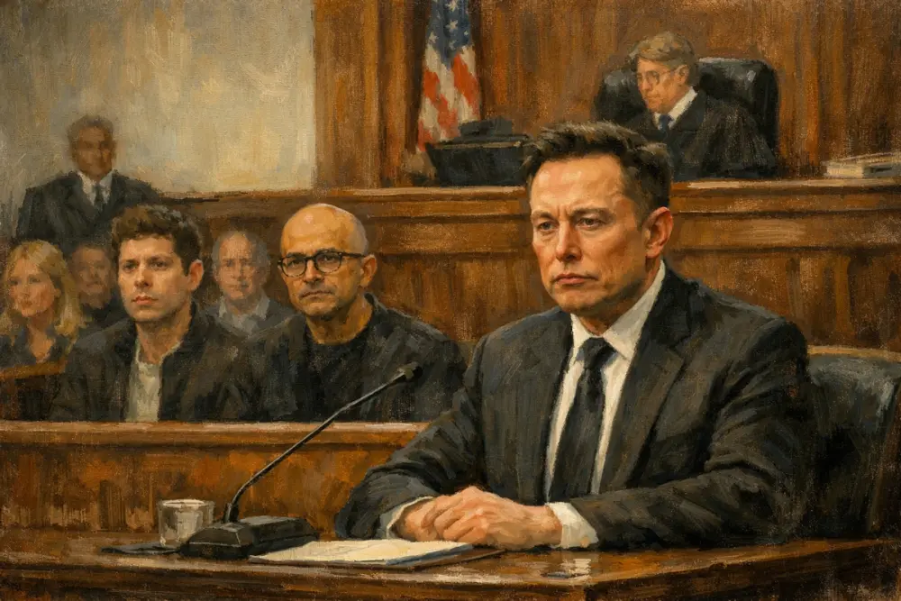 Elon Musk in court, with Sam Altman and Satya Nadella in the audience