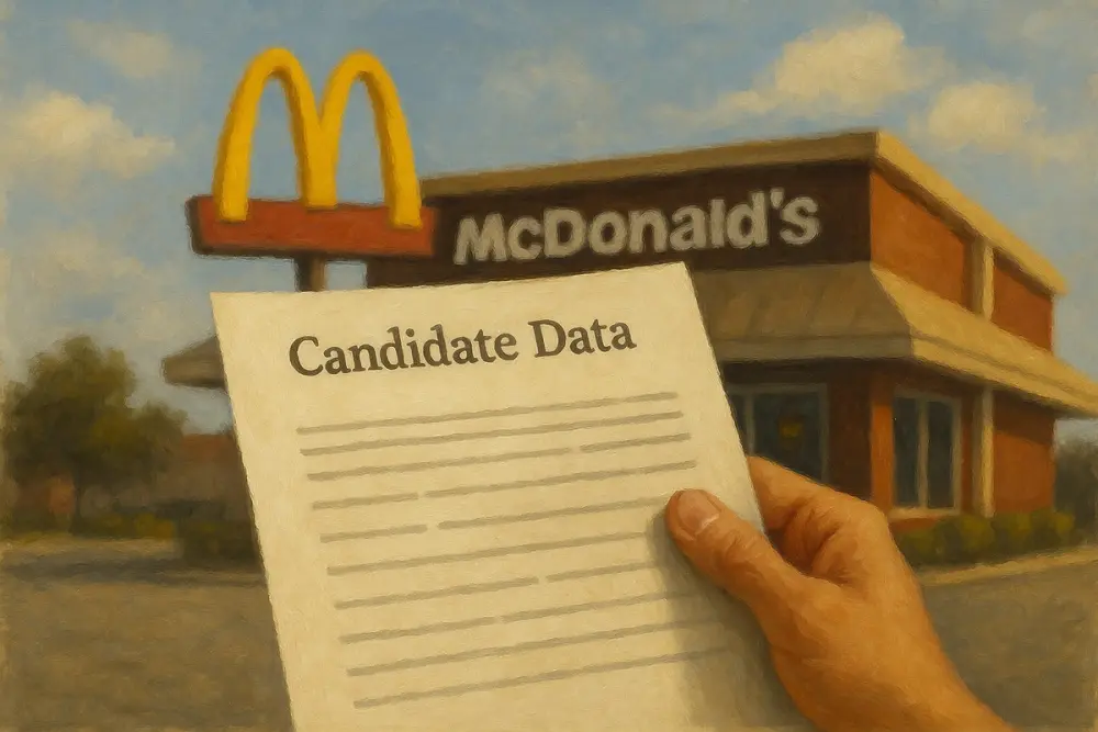 A hand holds a paper labeled "Candidate Data" in front of a McDonald's restaurant, with the building and signage
