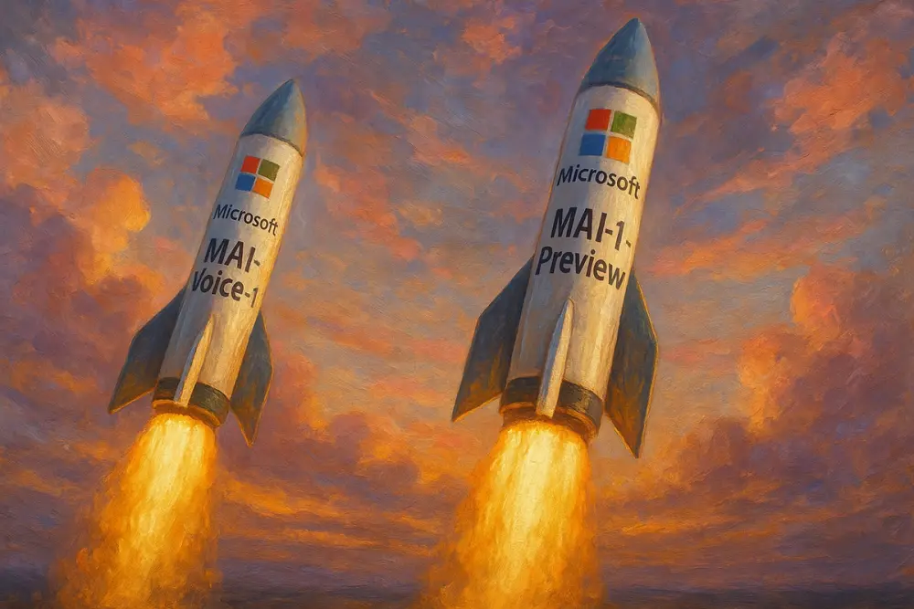 Two Microsoft-branded rockets labeled “MAI-Voice-1” and “MAI-1-Preview” launch
