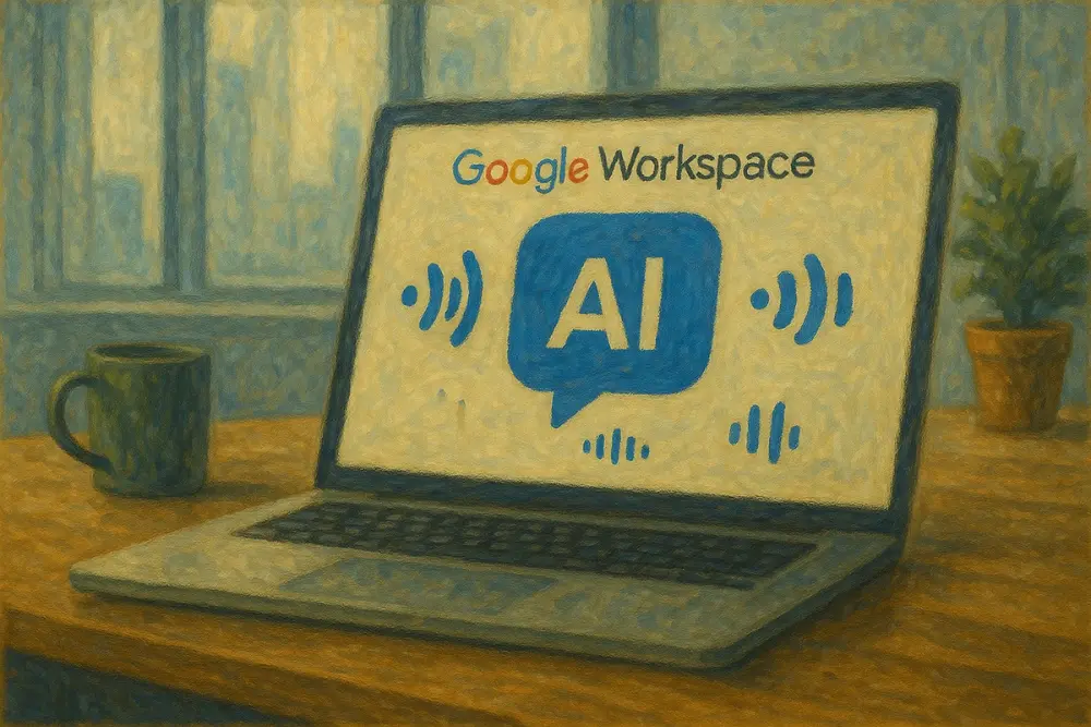A laptop displaying an AI assistant in Google Workspace is surrounded by abstract sound icons