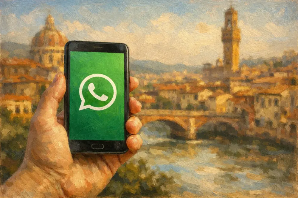 Hand holding a smartphone with the WhatsApp logo against a sunlit Italian city backdrop
