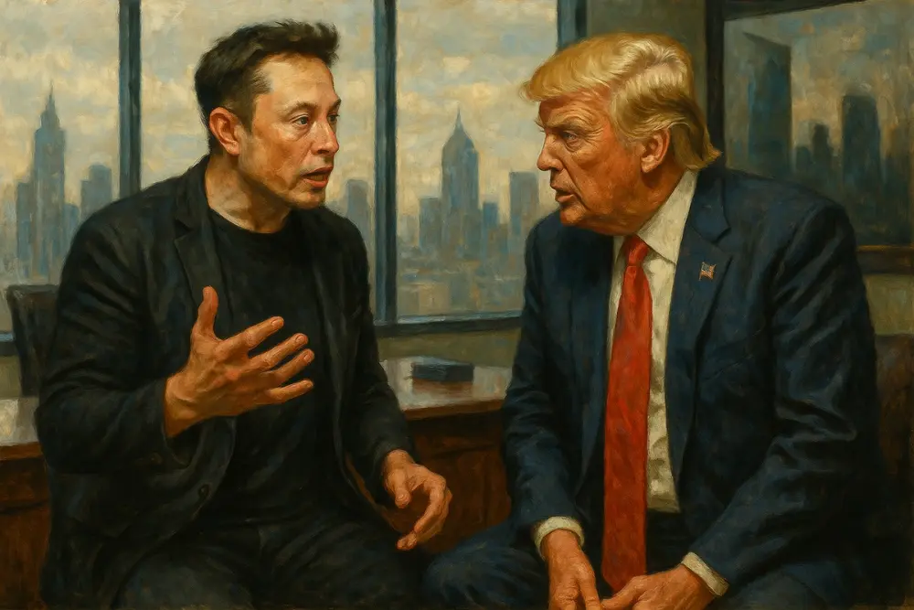 Elon Musk and Donald Trump talking in an office