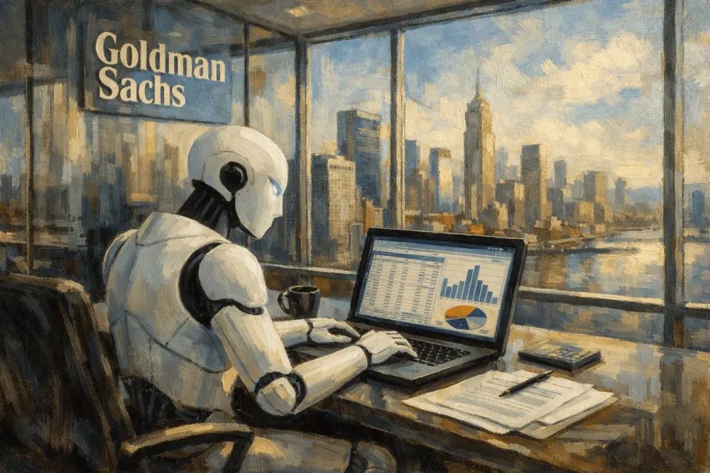A humanoid AI assistant works on financial spreadsheets inside a sleek Goldman Sachs office