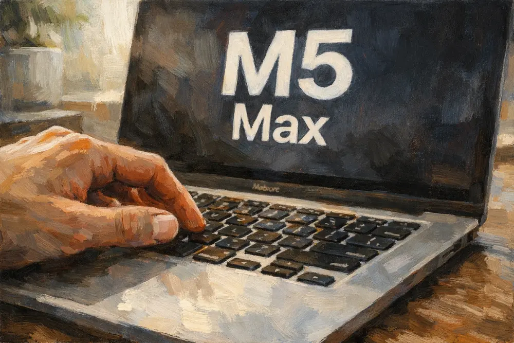 Close-up of a hand typing on a MacBook keyboard with “M5 Max” displayed on the screen