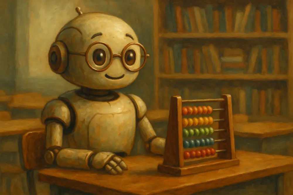 a friendly robot wearing round glasses, sitting at a desk with a colorful abacus in front of it