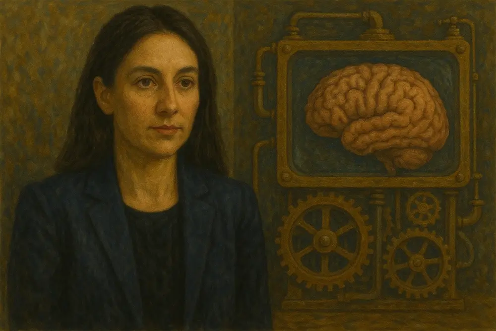 A woman in a dark blazer sits beside a mechanical machine containing a human brain, with gears and pipes