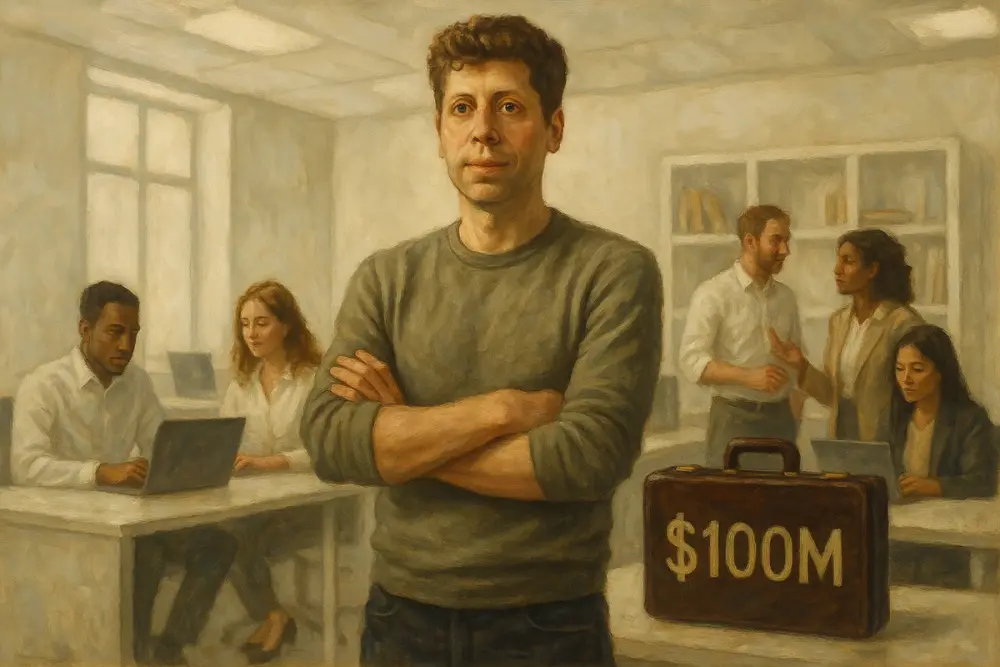 Sam Altman stands with arms crossed in a bright white office, surrounded by diverse professionals working and conversing; a briefcase labeled "$100M" sits nearby