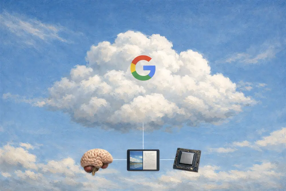 Cloud with Google logo linked to brain, tablet, and microchip in blue sky