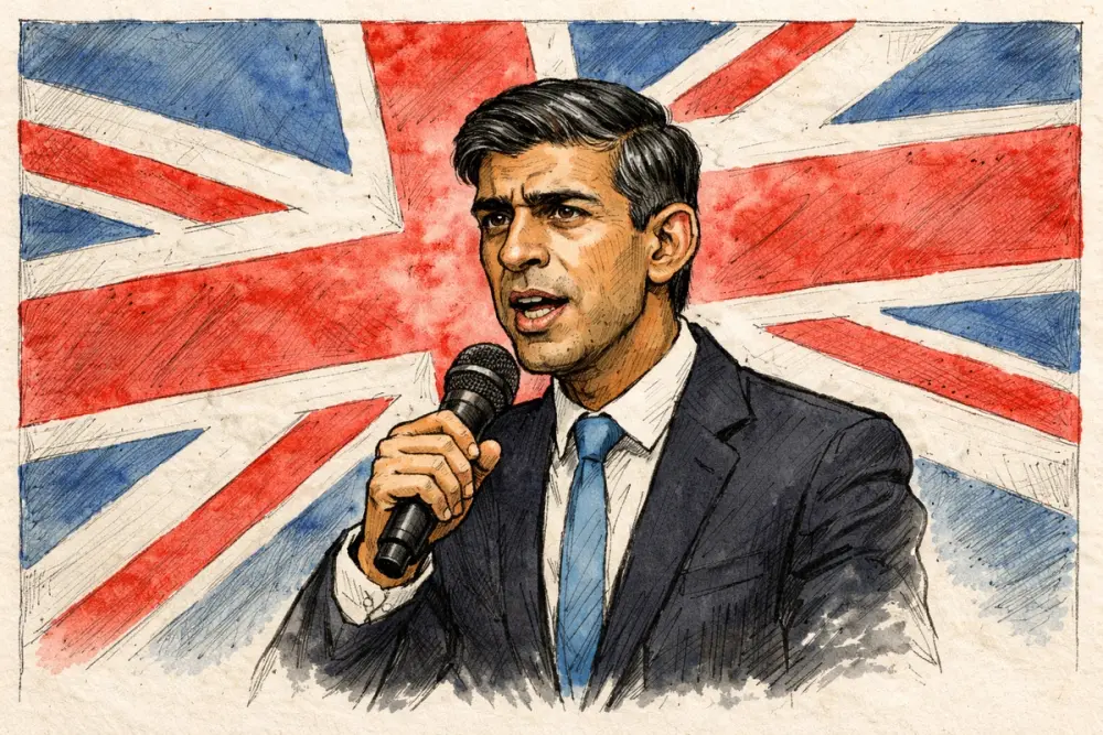 Rishi Sunak speaking before a Union Jack