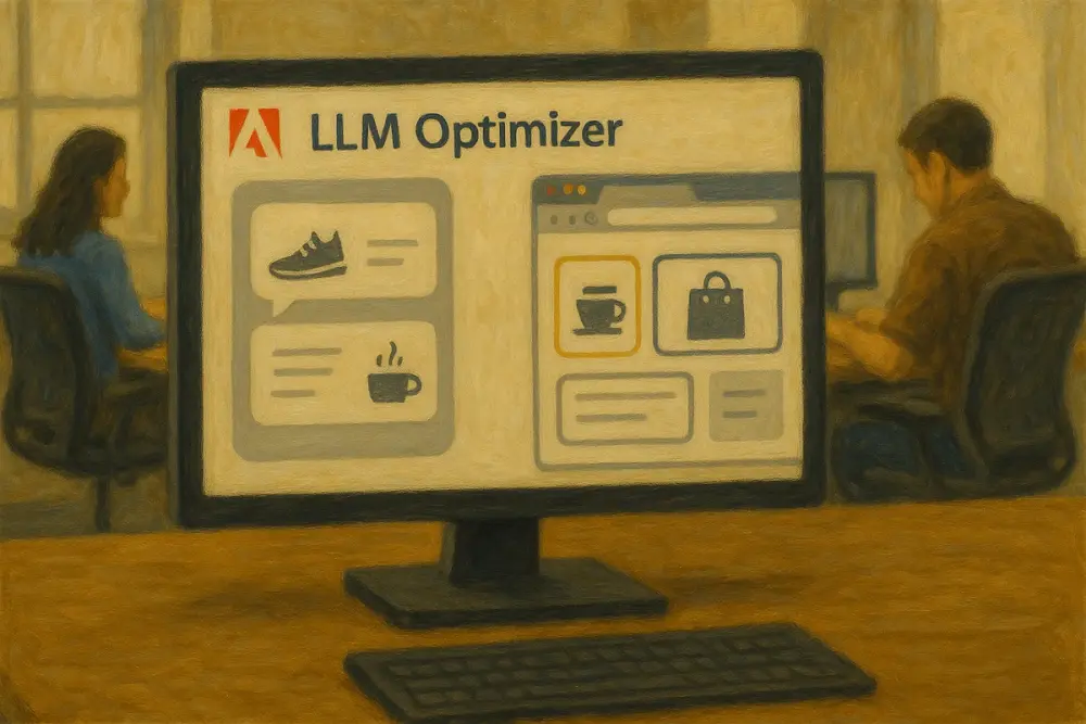 A computer screen showing Adobe's "LLM Optimizer" with brand icons, set in an office with two people working