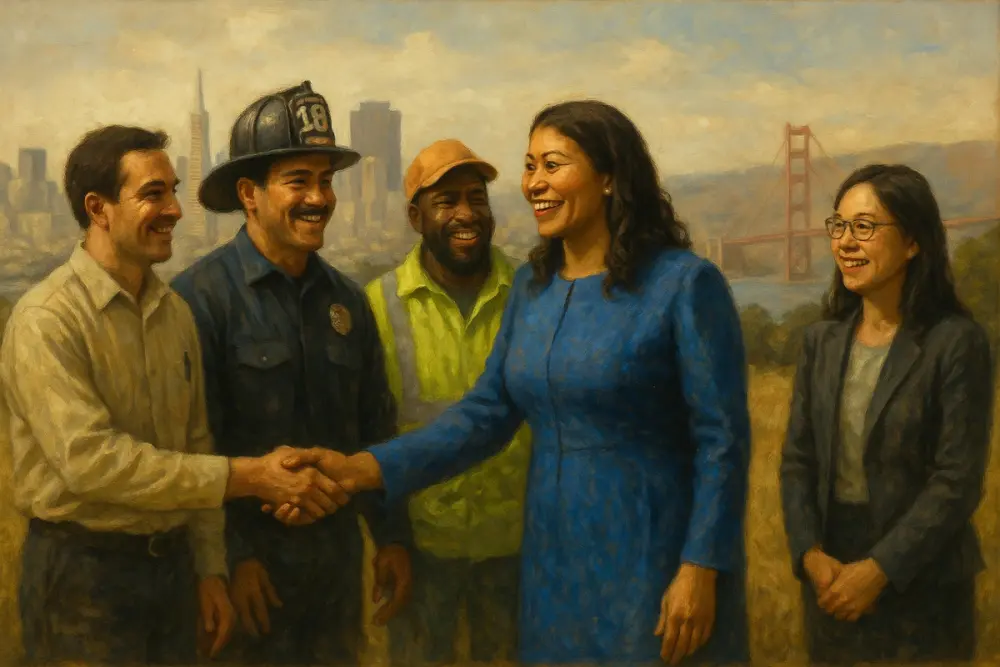 San Francisco Mayor London Breed shaking hands with a diverse group of city workers