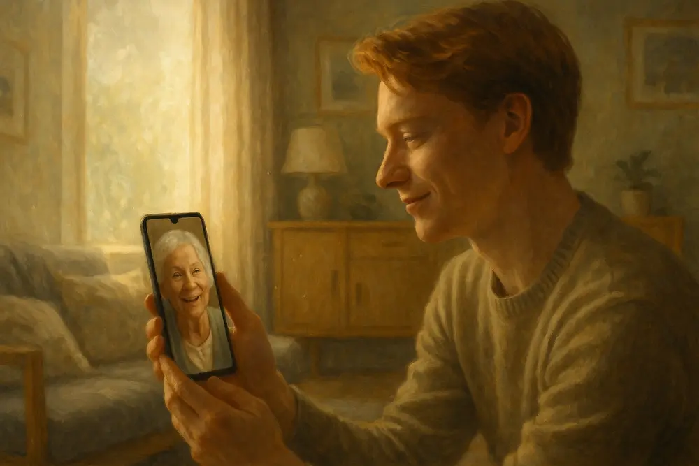 Calum Worthy video-calls a smiling elderly woman on his smartphone