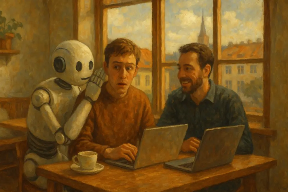 A robot whispers to a surprised man in a café