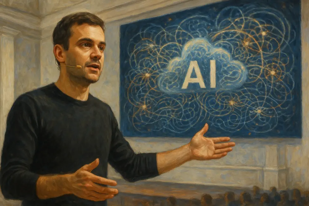 Andrej Karpathy speaks confidently on stage in a white conference hall, wearing a headset microphone and gesturing toward a digital screen