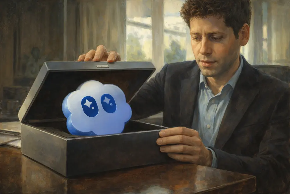 Sam Altman closing a sleek box with Sora logo inside