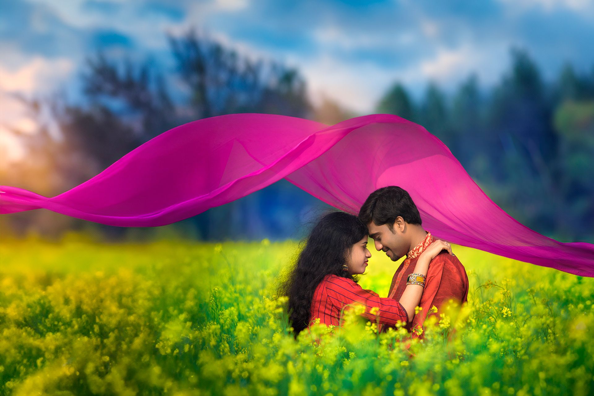 Mustard Field Pre Wedding Shoot with Flowing Dupatta | Romantic Couple Photography by The Vedic Wedding