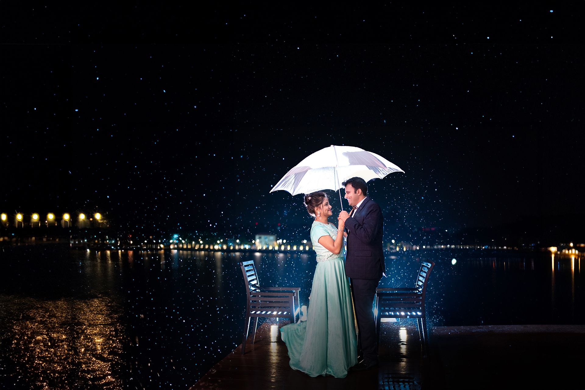 Rain Effect Couple Photoshoot by the Lake | Creative Anniversary Photography in Kolkata
