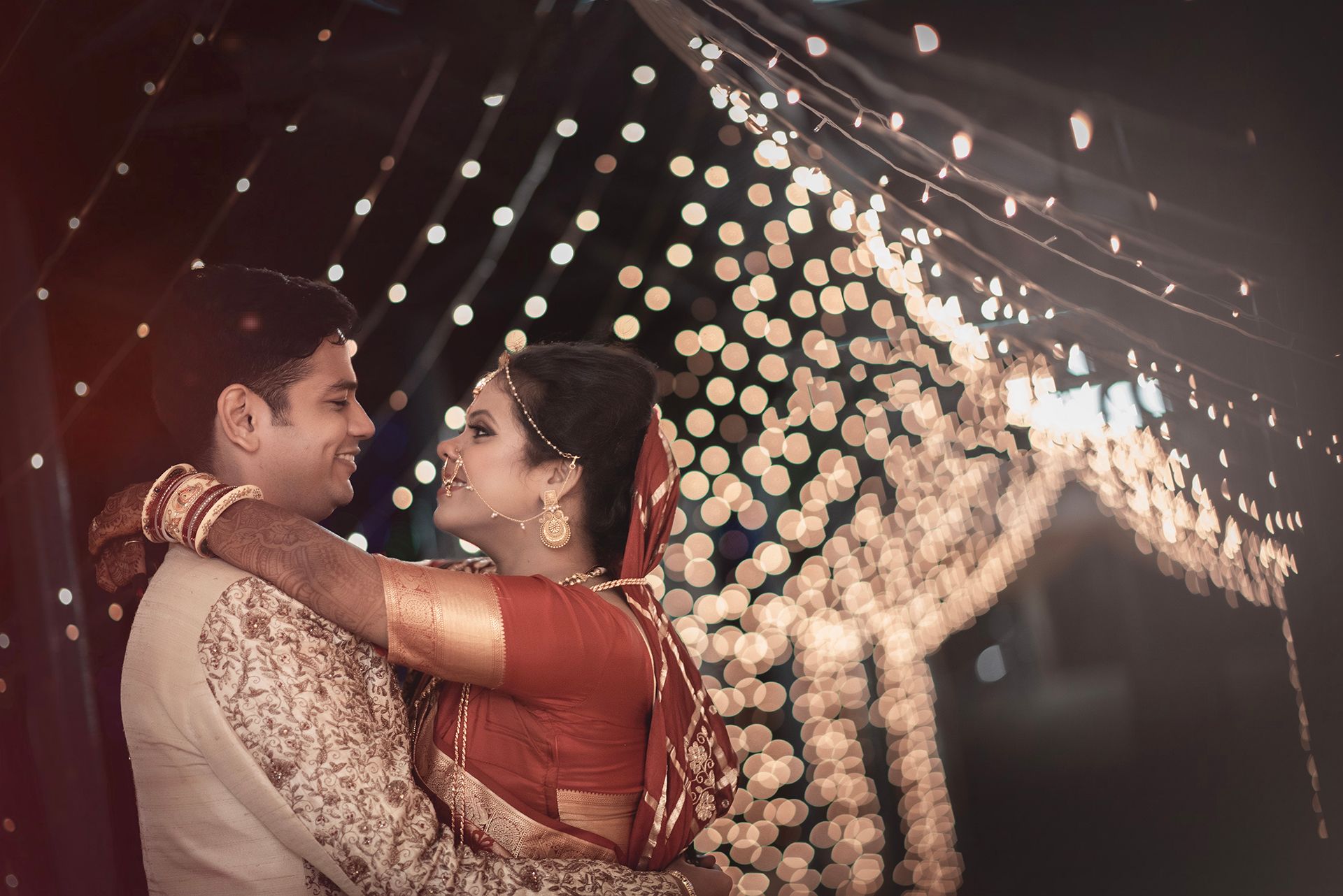 Romantic Wedding Couple Portrait Under Fairy Lights | The Vedic Wedding