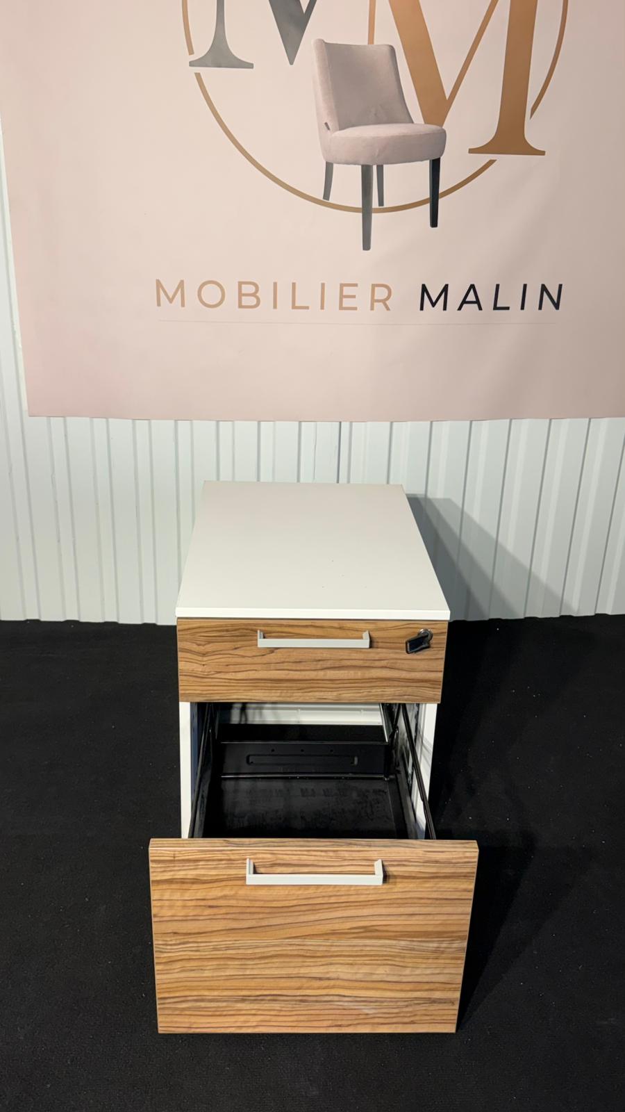 Caisson de bureau 2 tiroirs blanc et bois Zébrano avec serrure - vue 5