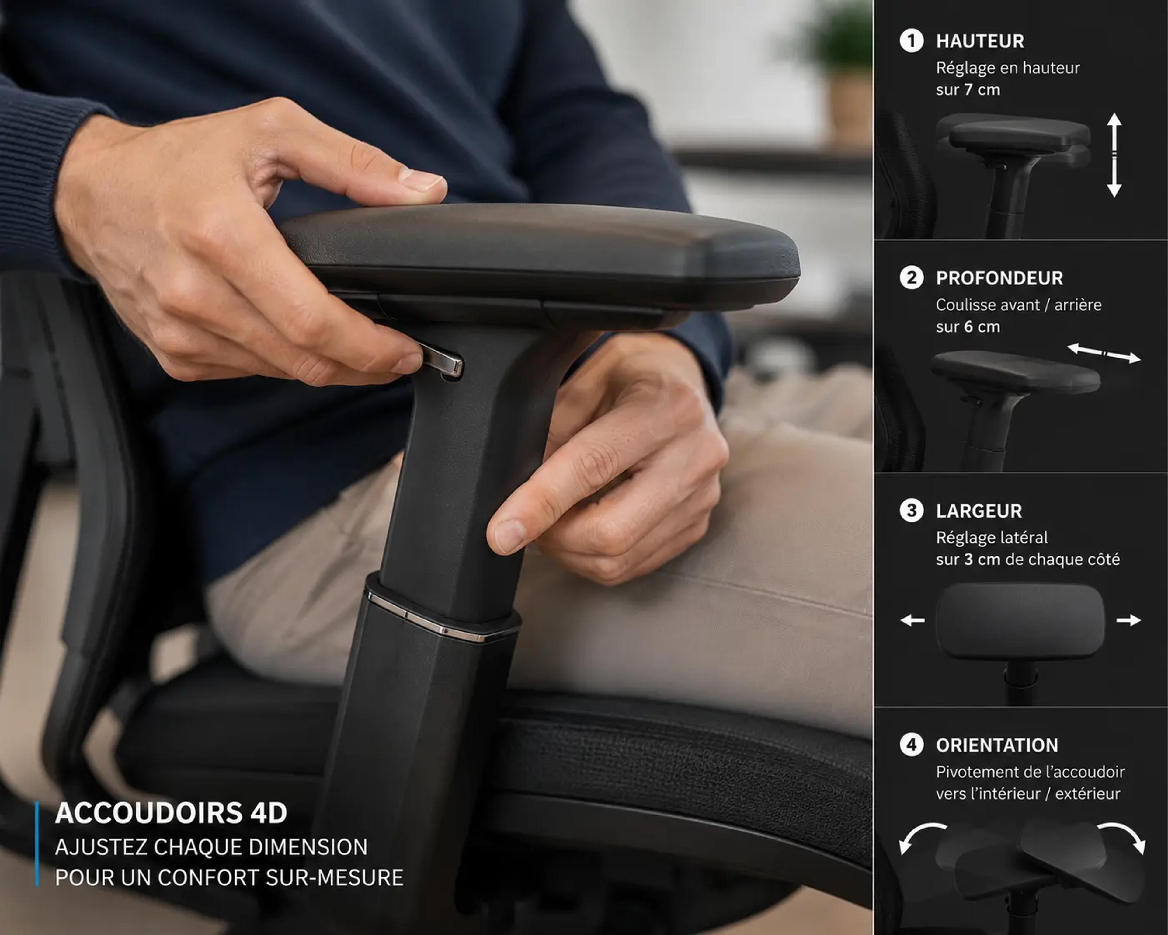 Réglage des accoudoirs d'un fauteuil de bureau ergonomique.