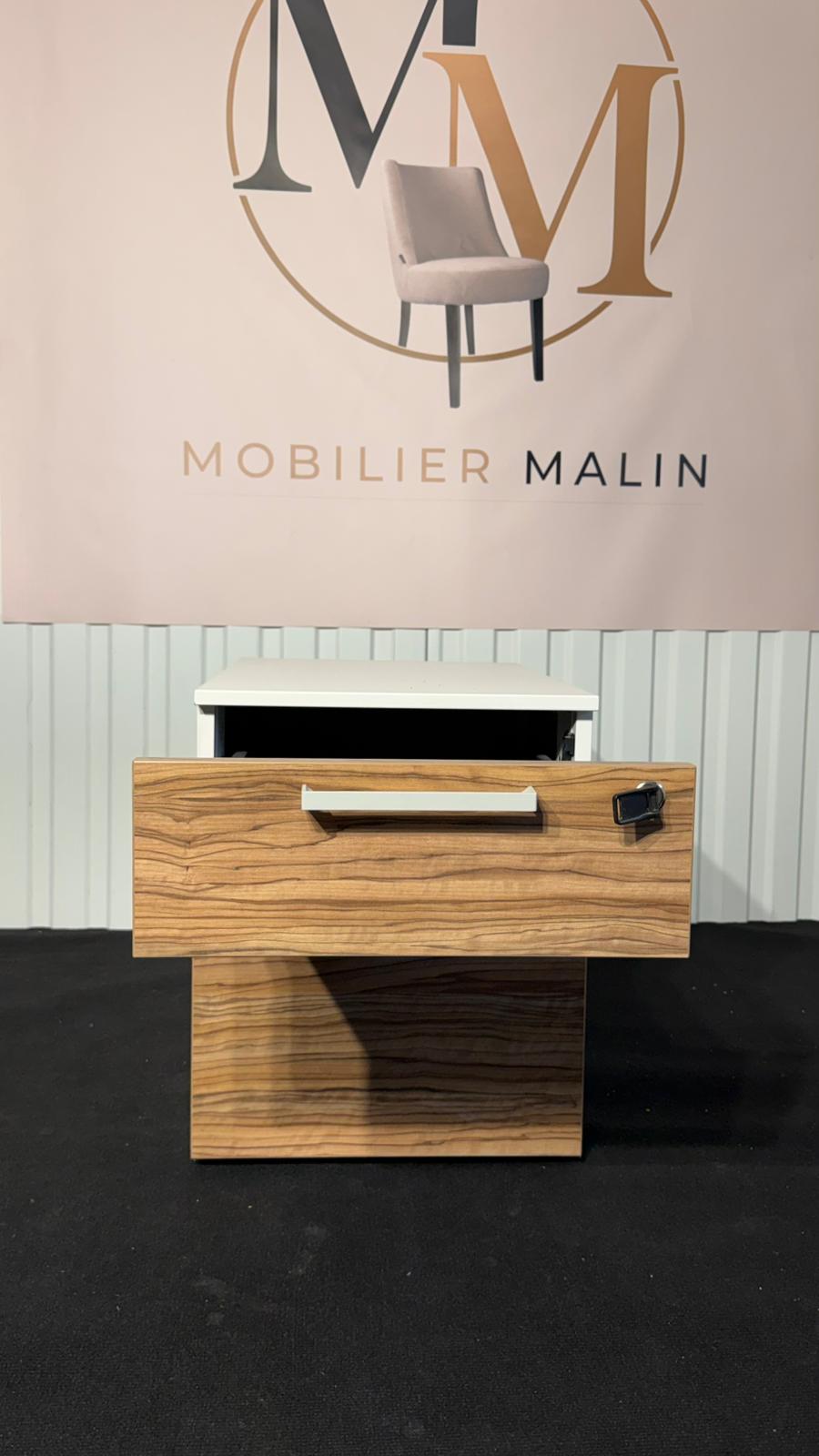 Caisson de bureau 2 tiroirs blanc et bois Zébrano avec serrure - vue 4