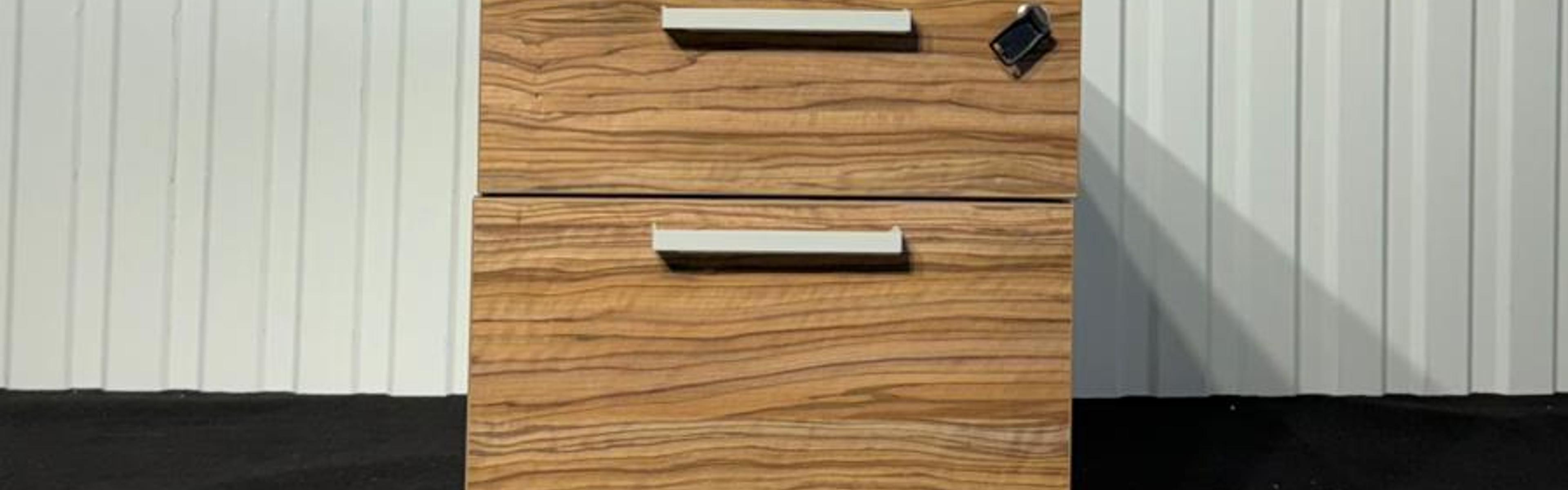 Caisson de bureau 2 tiroirs blanc et bois Zébrano avec serrure